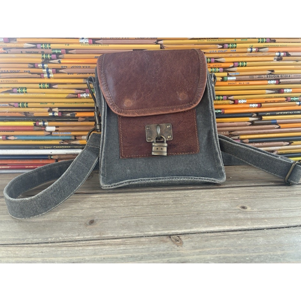 Mona B Upcycled Locksmith Crossbody Messenger Bag Canvas w/Leather
